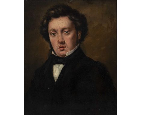 English school (early 19th century)Portrait of James Brunton (b.1801) with curly hair and wearing a dinner jacket, oil on pan