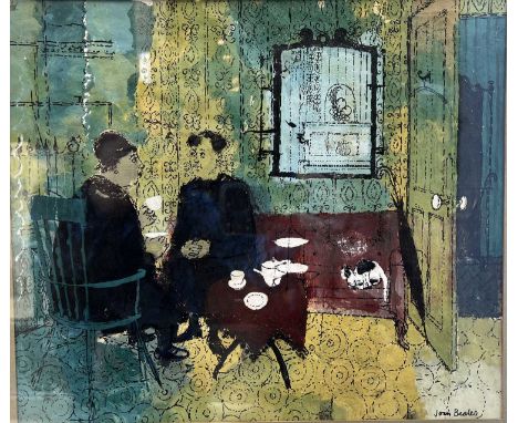 Joan Beales (20th century)Tea for two, signed, pen, ink and gouache, 30 x 35cm; and a 20th century continental lithograph of 