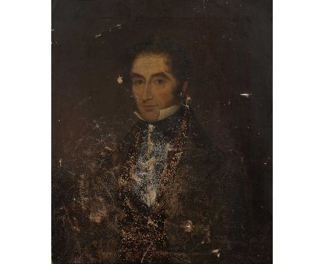 English school (early 19th century)Portrait of a gentleman with curly hair and wearing a dark jacket, oil on canvas, 75 x 63c