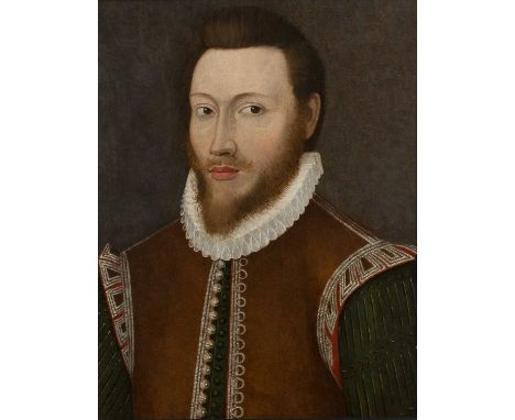 17th century English schoolShoulder length portrait of a gentleman with beard wearing a ruff and buttoned brown tunic, oil on
