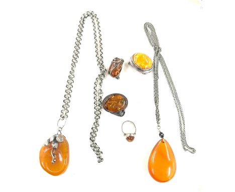 Vintage silver and amber jewellery to includes brooch, pendant, ring etc, gross weight 102grams size of the largest pendant 5