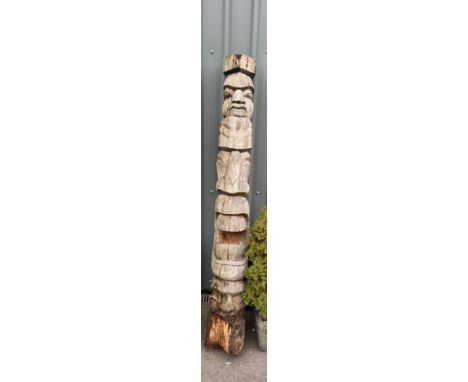 Large vintage carved totem pole measures approx 83 inches tall x 10 inches wide