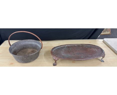 Vintage metal jam pan and a vintage fish serving tray 