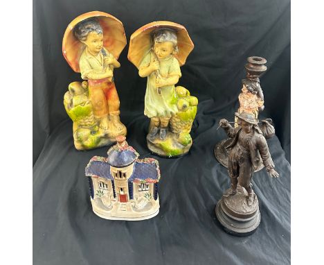 2 chalk figures, cast iron candlestick, spelter figure and a Staffordshire ornament, tallest measures 16 inches tall