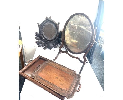 Selection of vintage wooden items includes 2 trays, swivel mirror etc
