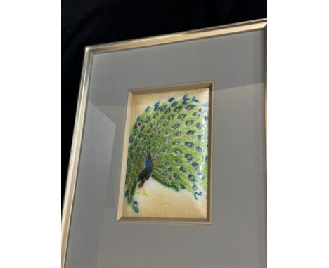 Vintage framed peacock enamel framed picture, measures approximately 14 inches long 11 inches wide