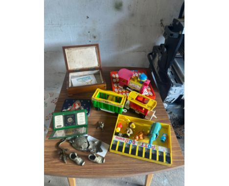 Selection of miscellaneous to include Australian first dollar coin, brass items, vintage toys etc 