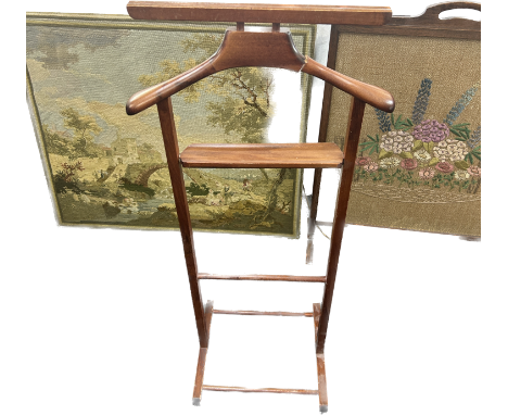 Oak Tapestry fire screen, framed tapestry, wooden gents valet stand, framed tapestry measures: 36 inches by 31 inches