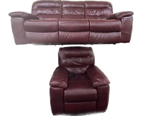 Ox blood leather 3 seater reclining sofa with reclining arm chair, in full working order, approximate measurement of sofa Len