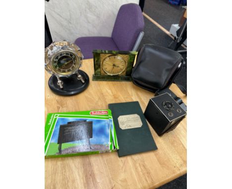 Selection of collectable items includes Kodak camera, 2 Vintage clocks, Subbuteo etc