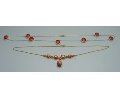 Two sterling silver necklaces, one with Sri Lankan sunstone and topaz and one with fire opals 