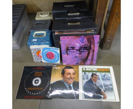 Three boxes of 7" singles including The Beatles, Elvis Presley, The Rolling Stones, 1960s and later and three boxes of LP rec