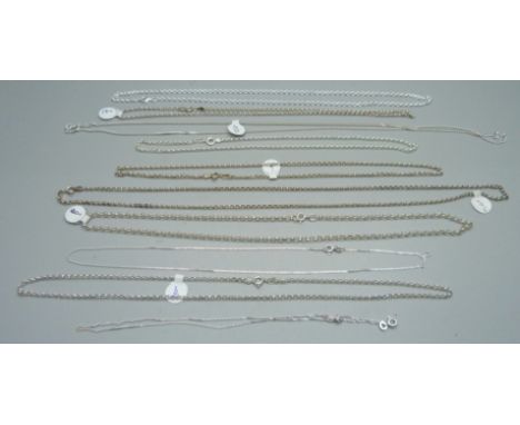 Ten silver chains, various styles and lengths 