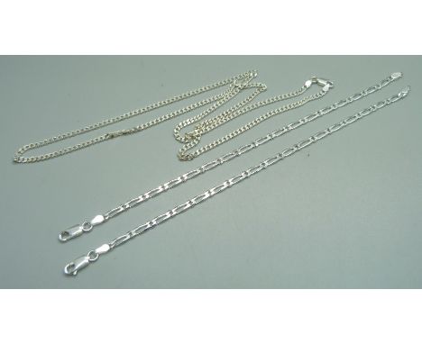 A 925 silver curb link necklace and two 925 silver bracelets, 19.9g 