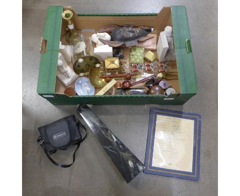 Two pairs of figural bookends, a coronation coach model, enamel pots, tortoiseshell case, etc. **PLEASE NOTE THIS LOT IS NOT 