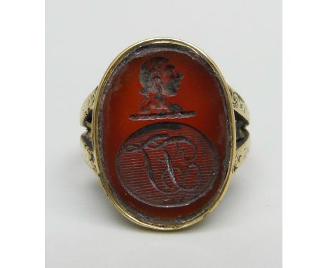 An antique yellow metal intaglio set ring, marked 18ct, 7.9g, K/L, approximately 15mm x 21mm 