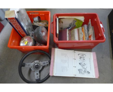 Two boxes of vintage automobila; a box of headlamps, fog lamps and spotlights, an Escor Astrali steering wheel, a Montego fog