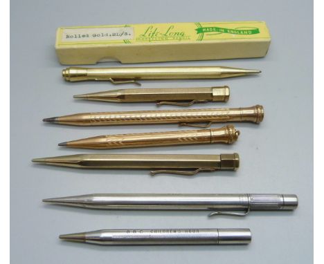 A collection of propelling mechanical pencils including sterlilng silver and rolled gold, Mordan and Yard O Led (7) 