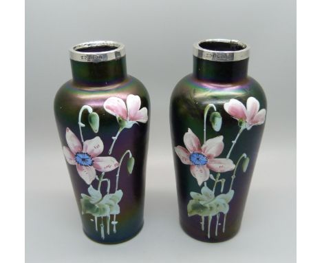 A pair of silver rimmed Loetz style irridescent glass vases, Birmingham 1903, 14cm 