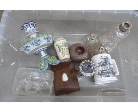 A box of china, glass including a Langley match striker, Portuguese pottery candlestick, glass napkin rings, silver rimmed gl