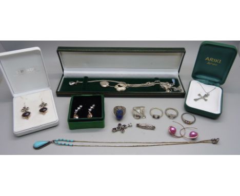 Assorted silver and stone set jewellery including five silver rings, pendants and chains, stone set earrings, etc. 