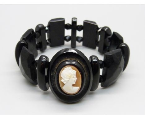 A Victorian jet bracelet with cameo panel 