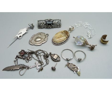 Vintage silver jewellery and a silver fob medal 