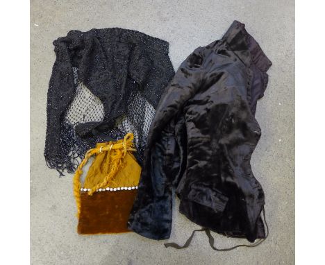 A Victorian beaded shawl, coat and bag 