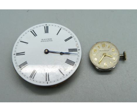 A Baume fob/pocket watch movement and a Jaeger-LeCoultre wristwatch movement 