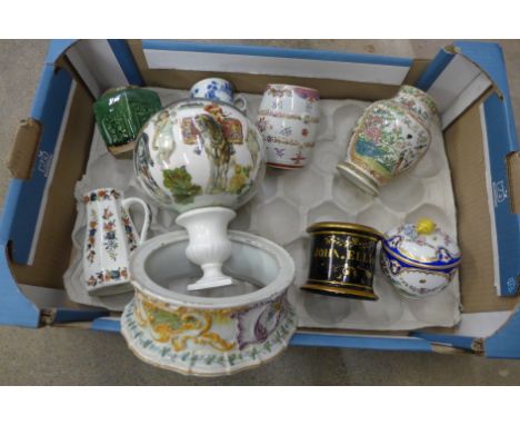 A collection of antique porcelain, British and oriental vases, pots, including a Chelsea gold anchor mark sucrier with lid, d