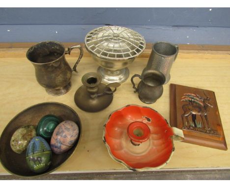 Metal wares, enamel candle holder and marble eggs