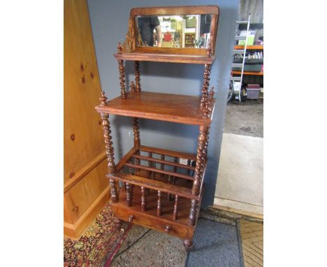 Walnut canterbury wotnot with mirror and bobbin legs