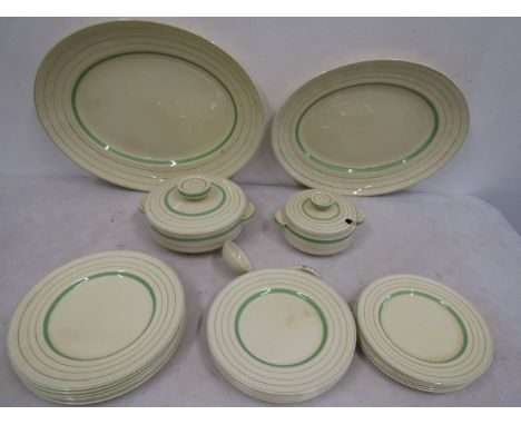 Clarice Cliff dinner set for 6 comprising 2 oval platters (50 &amp; 45cm) 2 tureens, ladle, 5,6,7cm plates x 6 each