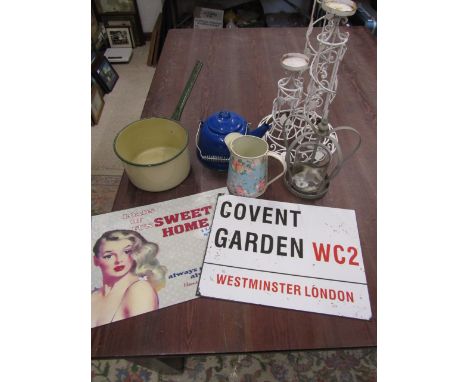 Enamel teapot and pan, signs, candle holders and jug