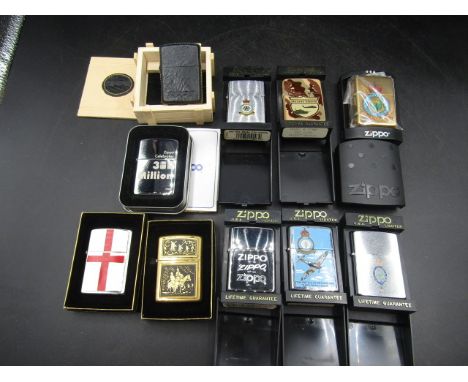 10 Zippo lighters inc RAF, Battle of Britain, Desert Shield, leather cased, England flag- all in cases and as new