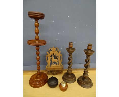 Treen candlesticks and table lighter etc&nbsp;