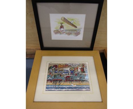 Pen & Ink Highland games sketch signed and a Fishing boat harbour hand signed print  largest 34x27cm