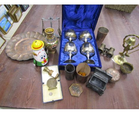 Collectables- 3d coin, cased goblets, cloisonn&eacute; style vase, pan scales, dice and shakers, opera glasses, tin toy, magn