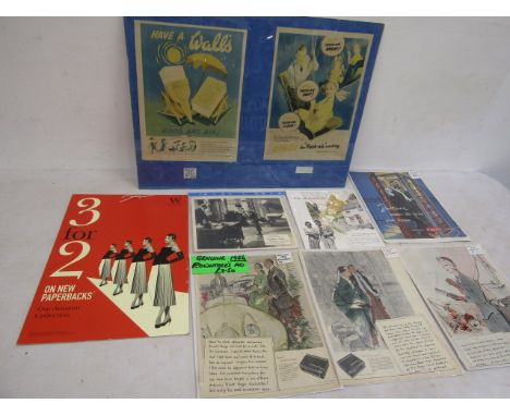 Original adverts on paper - Wall's ice cream, Rowntree's, Black Magic, Caley Chocolates Norwich, Players cigarettes plus Norm