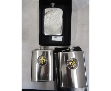 English Pewter hip flask with box and 2 with Fleur d'Lis emblem one with box