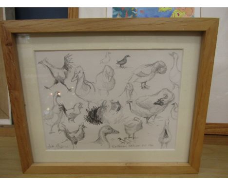 Julia Hulme pencil sketch of fowl titled Two Bridges Dartmoor oct 1986 27x22cm