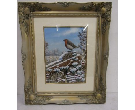 Mark Chester watercolour 'The Old Gate Robin' an original by the wildlife artist in an ornate frame 55x65cm