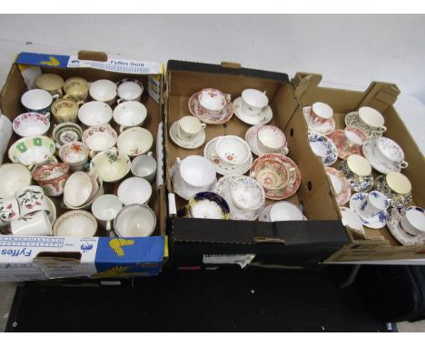 3 trays tea cups and saucers, some very old, some loose inc Mintons, Wedgwood etc etc