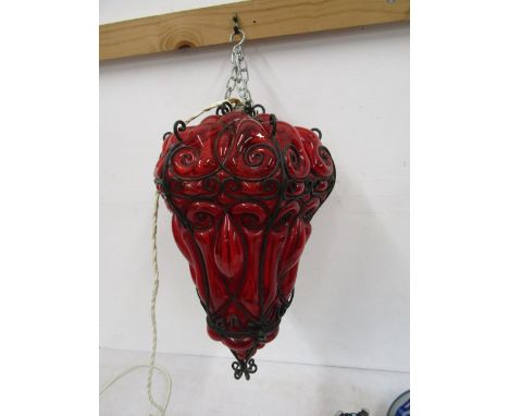 A vintage ruby red raspberry style caged glass light (needs re wiring) 39cmL