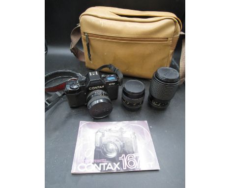 Contax 167MT camera with 3 x Zeiss lenses- 1.7/50, Sonner 2.8/135 and Distagon 2.8/20 all in a leather carry bag