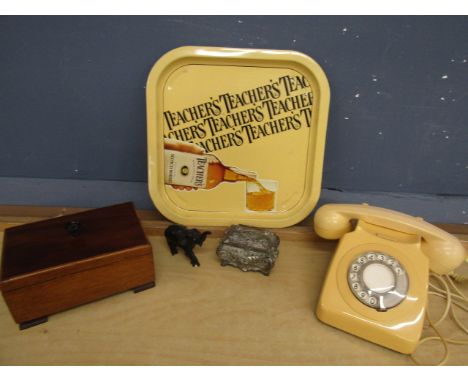 Collectors lot- retro phone, Whiskey tray, ebony elephant, a bronze? Victorian trinket pot and wooden jewellery box