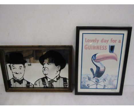 Guinness advert print with Gilroy signature and a Laurel &amp; Hardy mirror 33x23cm approx