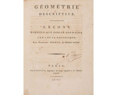 Mathematics.- Monge (Gaspard) Géométrie Descriptive. Leçons..., first edition, half-title, 25 folding engraved plates, contem