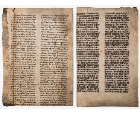 Medieval manuscript leaves.- Two leaves from medieval manuscripts recovered from a later binding, comprising: a leaf from a m