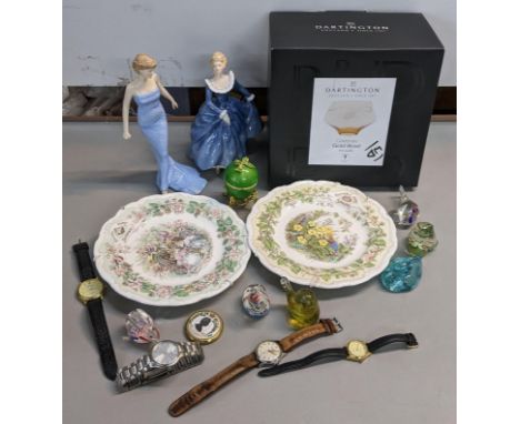 A mixed lot to include Doulton figures, Bramley Hedge, enamel egg on a gilded stand, watches and other items Location: 